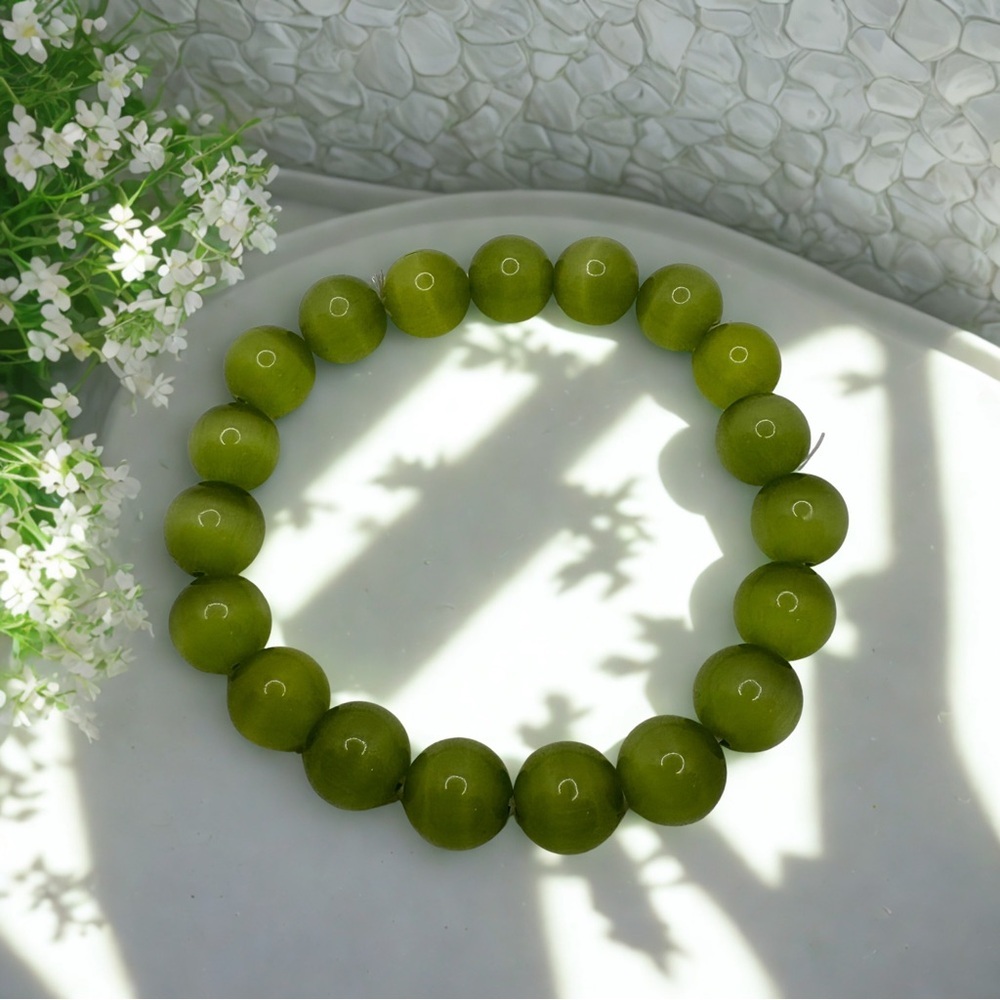 Dyed Green Satin Spar (Selenite) Beaded Bracelet | Cat’s Eye Gypsum | 10mm 💚